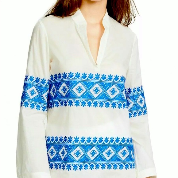 Tory Burch Tops - Tory Burch Ivory and Cobalt Embroidered Tunic